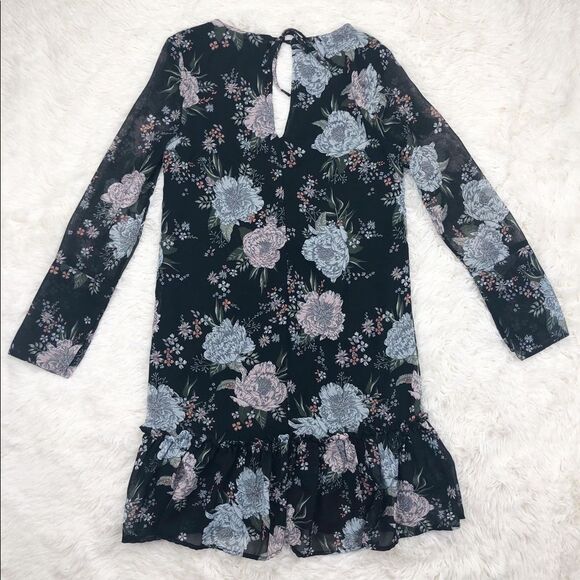 H&M Divided Black Floral 3/4 Sleeve Sheer Shift Dress Ruffle Edge Size 2 - Picture 2 of 7